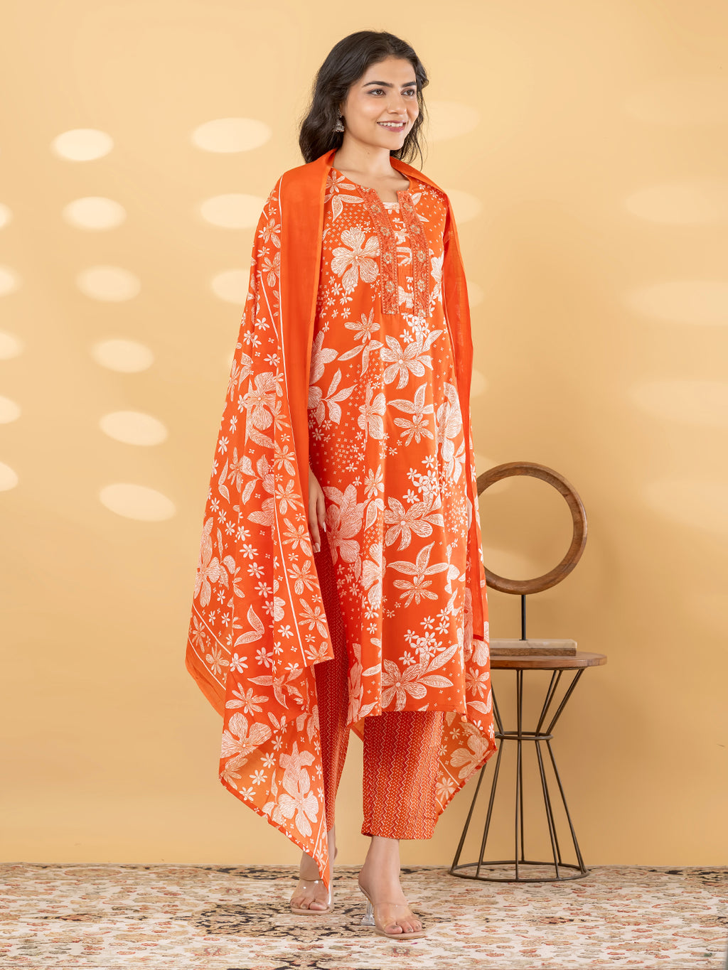 Pure Cotton Burnt Orange Floral 3-Piece Kurti Set