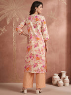 Pure Cotton Cream Floral 3-Piece Kurti Set with Pink & Orange Print