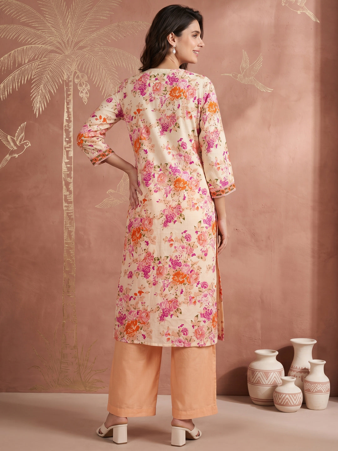 Pure Cotton Cream Floral 3-Piece Kurti Set with Pink & Orange Print