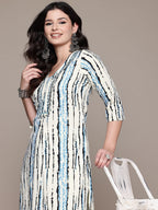 Pure Cotton Blue & Cream Abstract Stripe 2-Piece Kurti Set
