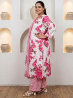 Pure Cotton Pink Floral 3-Piece Kurti Set with Tassels
