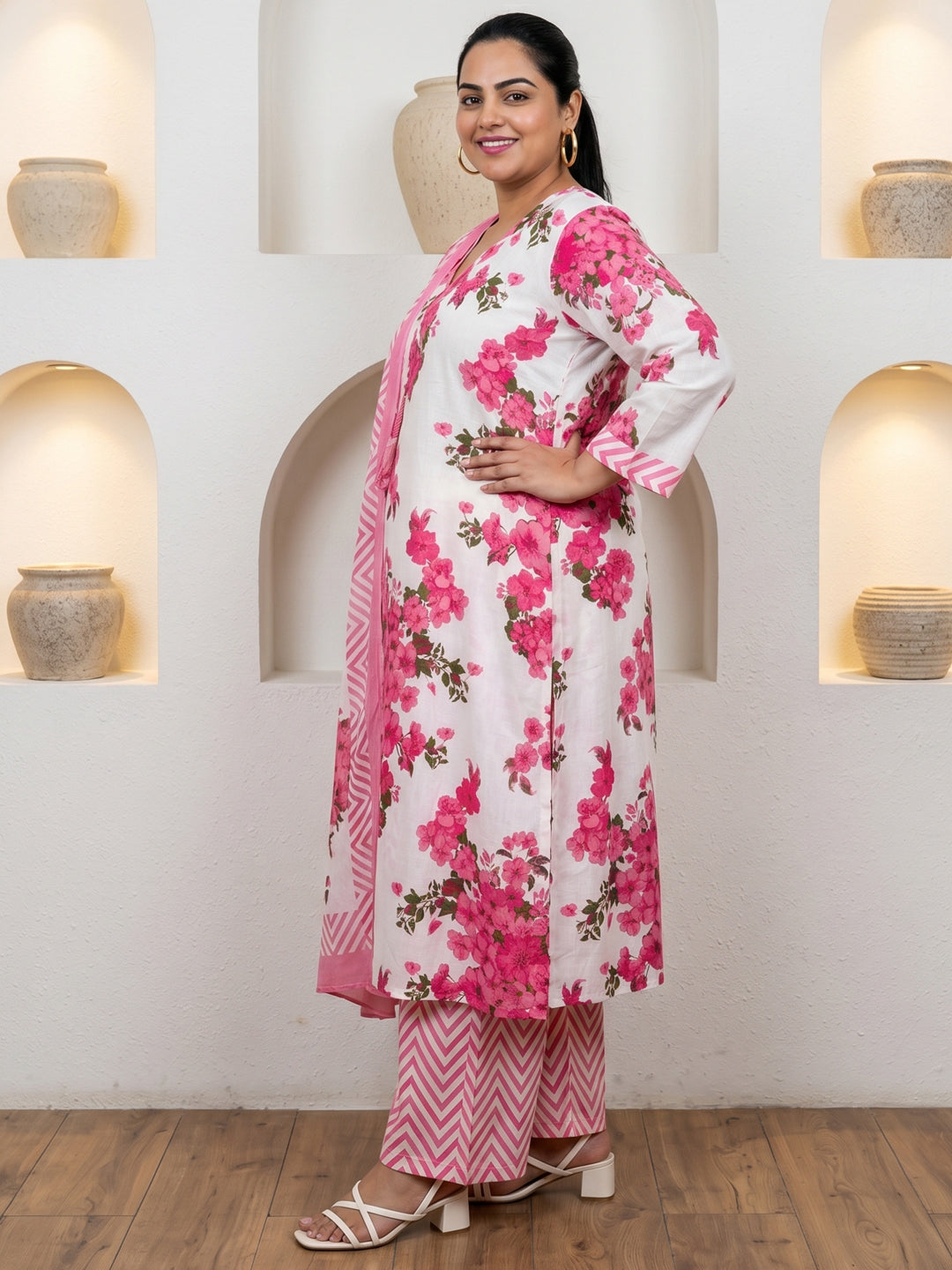 Pure Cotton Pink Floral 3-Piece Kurti Set with Tassels