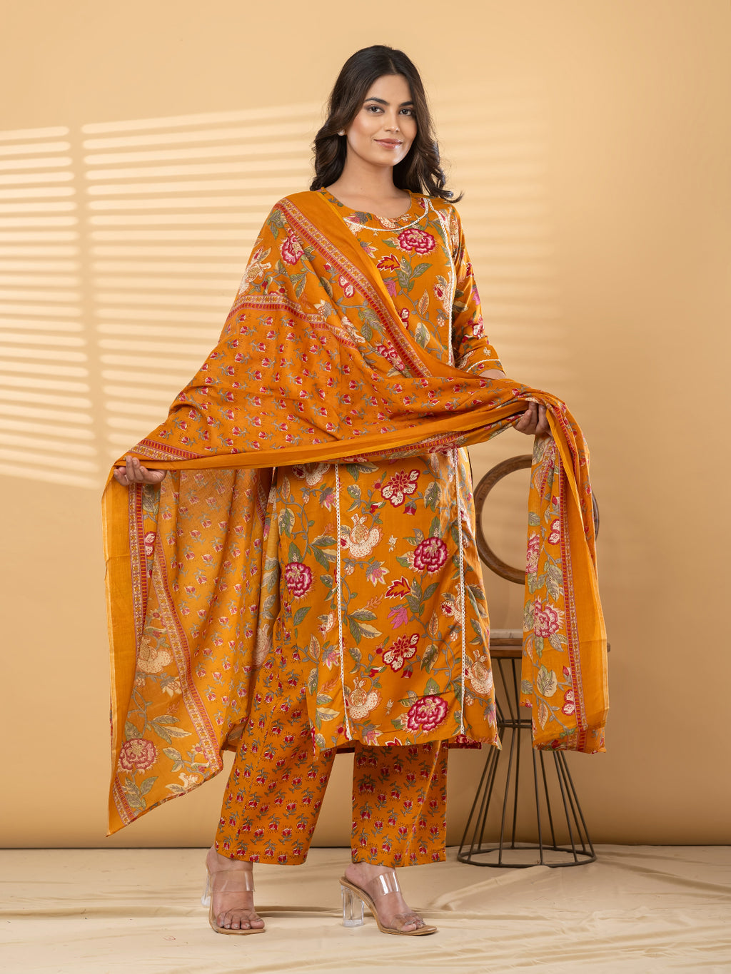 Pure Cotton Mustard Yellow Kalamkari 3-Piece Kurti Set