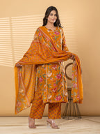 Pure Cotton Mustard Yellow Kalamkari 3-Piece Kurti Set