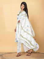 Pure Cotton Cream & Parrot Green Floral 3-Piece Kurta Set