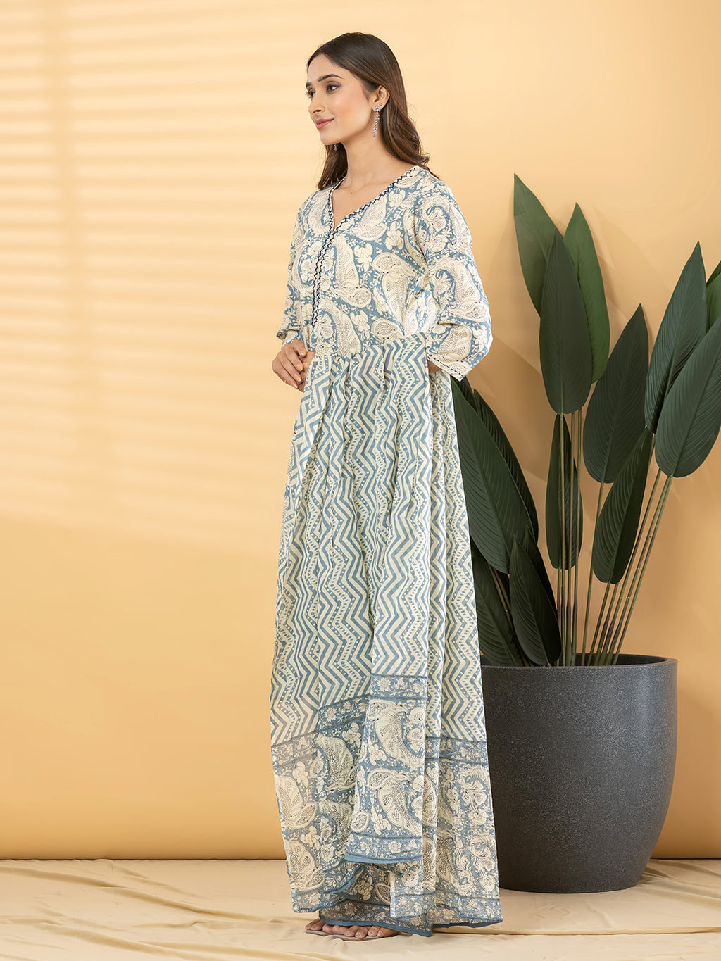 Pure Cotton Cream & Blue Kalamkari 3-Piece Kurti Set