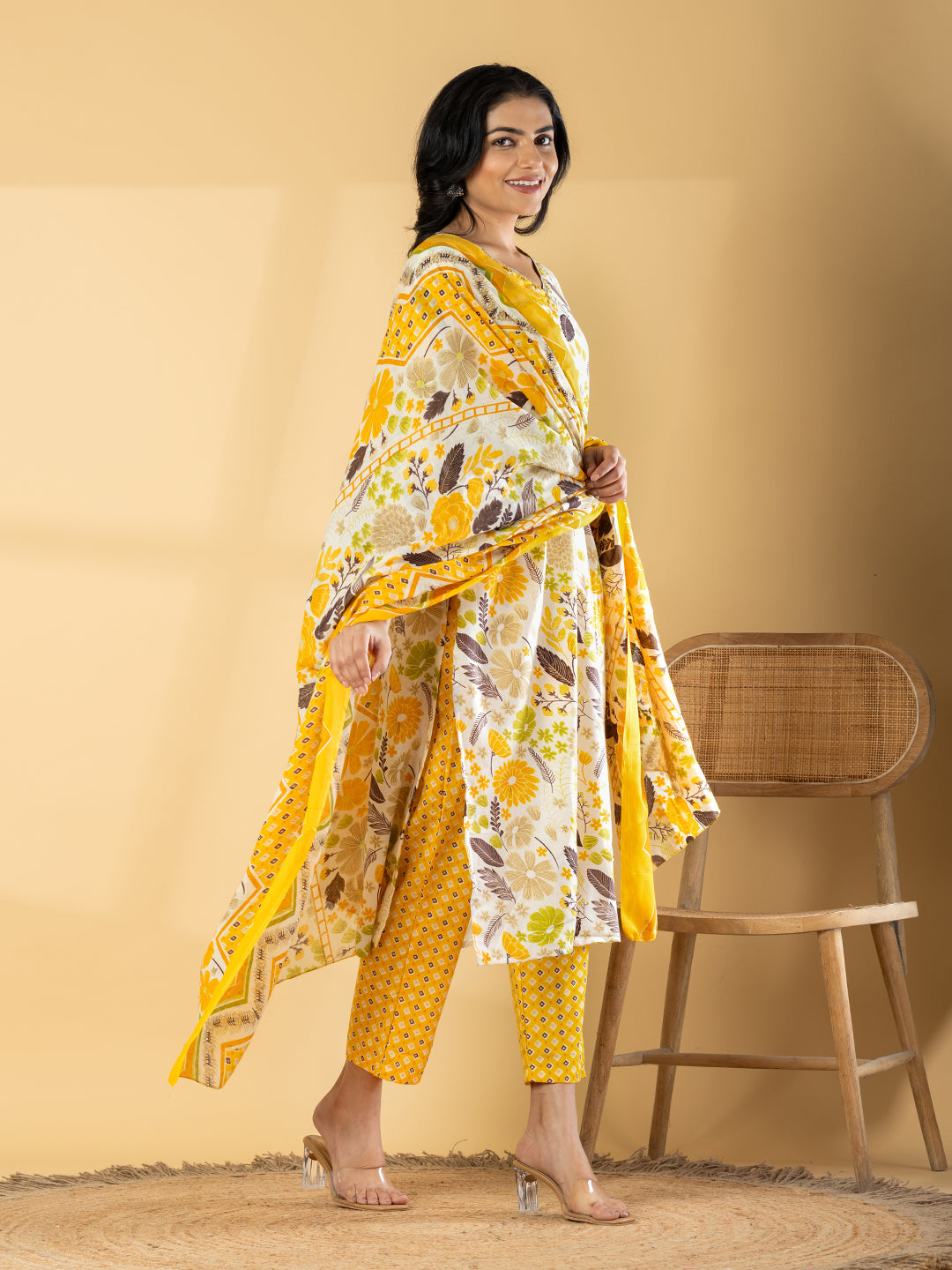 Pure Cotton Cream & Mustard Floral 3-Piece Kurti Set