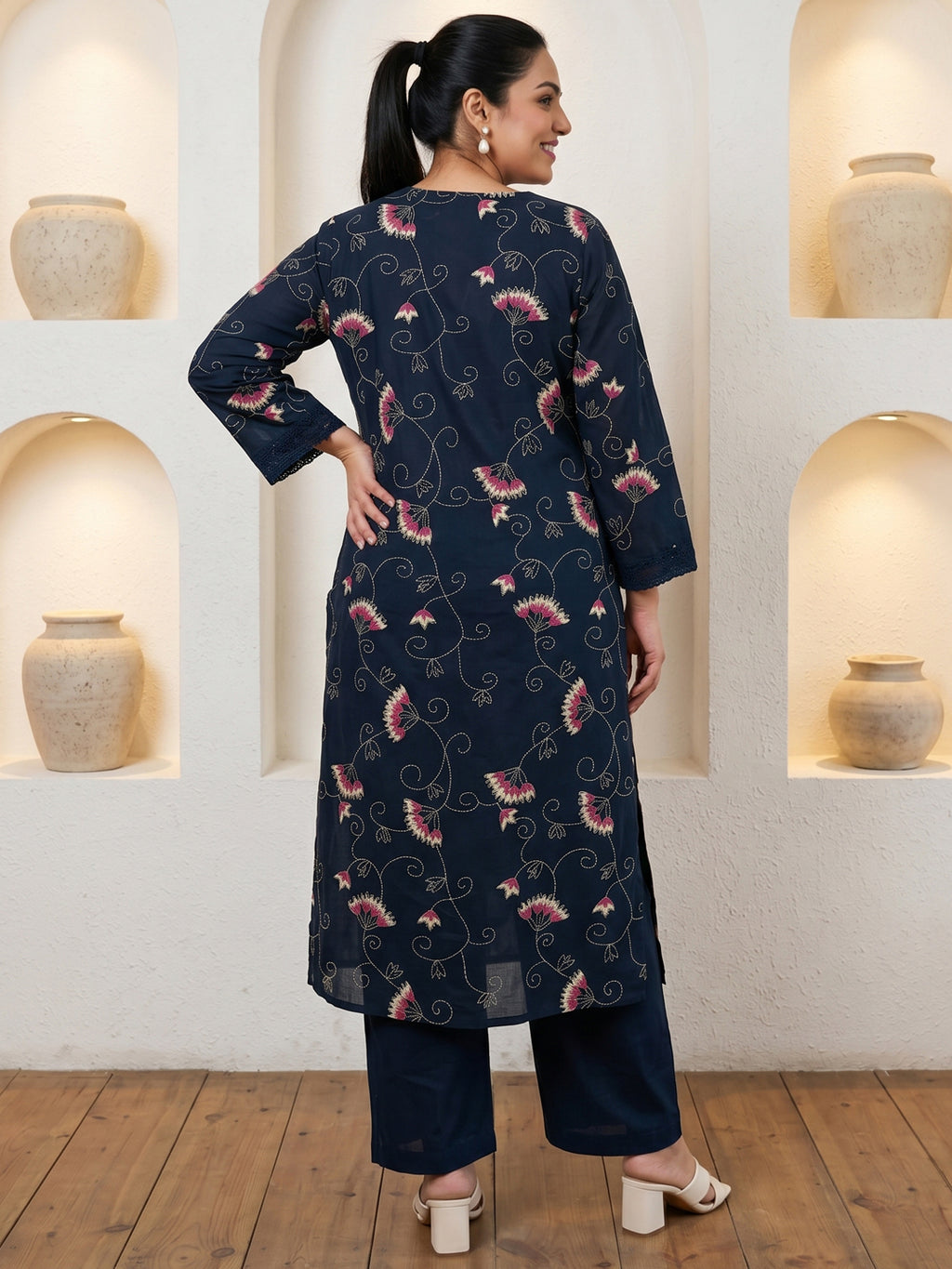 Pure Cotton Navy Blue Floral Vine Kantha-Inspired Print 3-Piece Kurti Set