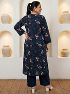 Pure Cotton Navy Blue Floral Vine Kantha-Inspired Print 3-Piece Kurti Set