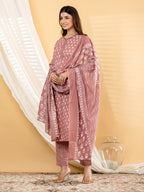Pure Cotton Dusty Rose Floral 3-Piece Kurti Set with Sitara Lace
