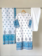 Pure Cotton Blue & White Floral 3-Piece Kurti Set with Palazzo