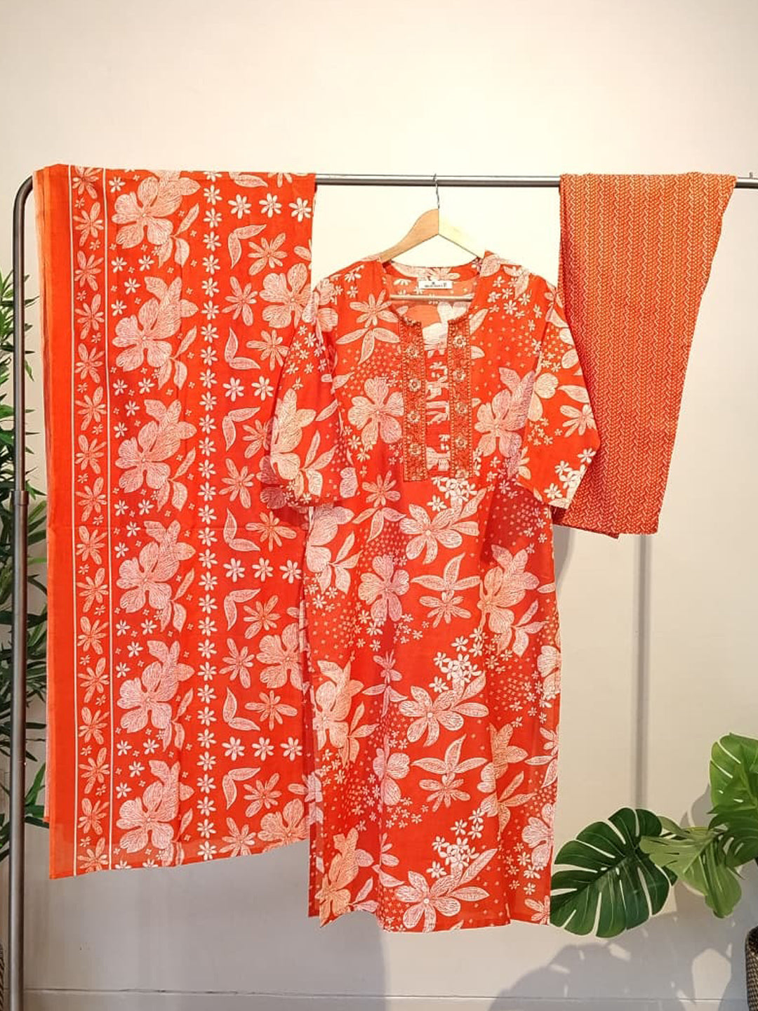 Pure Cotton Burnt Orange Floral 3-Piece Kurti Set