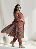 Pure Cotton Rust Brown & Blue Ajrak 3-Piece Kurti Set