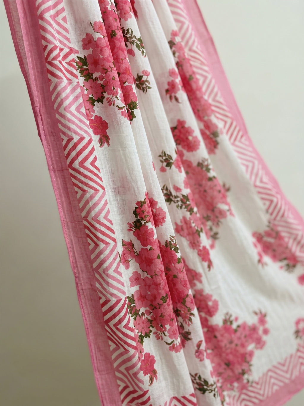 Pure Cotton Pink Floral 3-Piece Kurti Set with Tassels