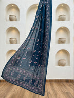 Pure Cotton Navy Blue Floral Vine Kantha-Inspired Print 3-Piece Kurti Set
