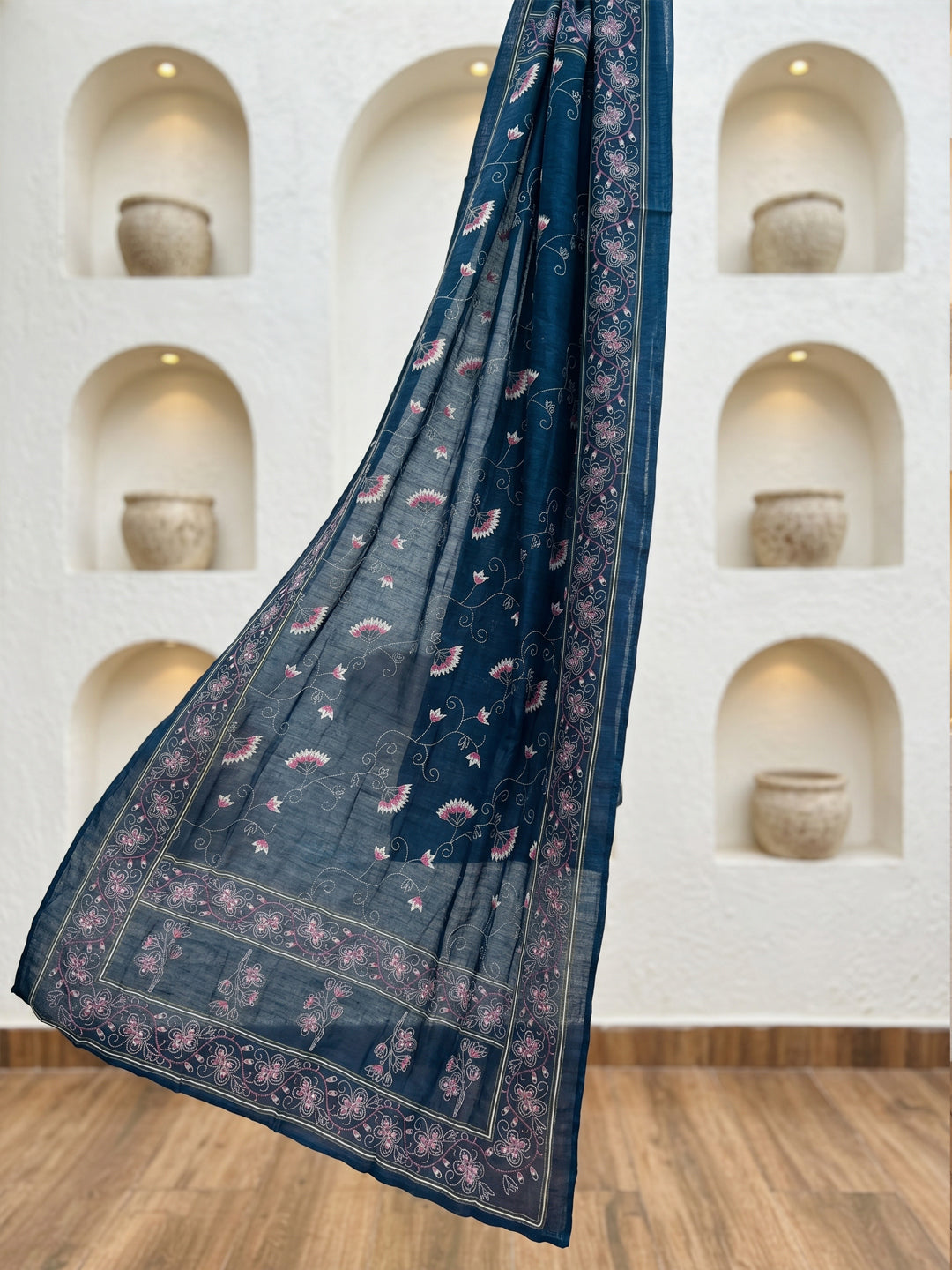 Pure Cotton Navy Blue Floral Vine Kantha-Inspired Print 3-Piece Kurti Set