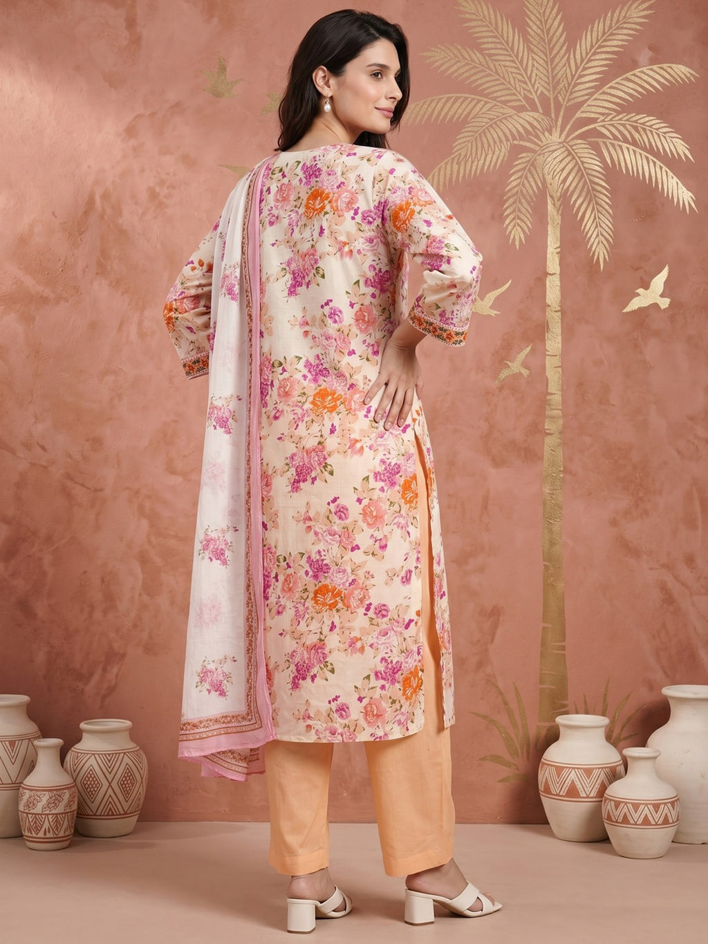 Pure Cotton Cream Floral 3-Piece Kurti Set with Pink & Orange Print