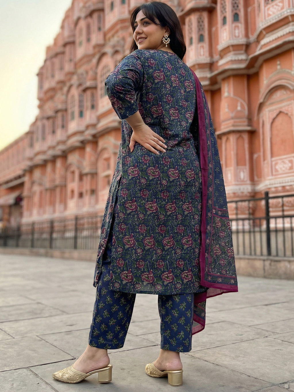 Pure Cotton Kalamkari 3-Piece Kurti Set – Blue, Green & Red