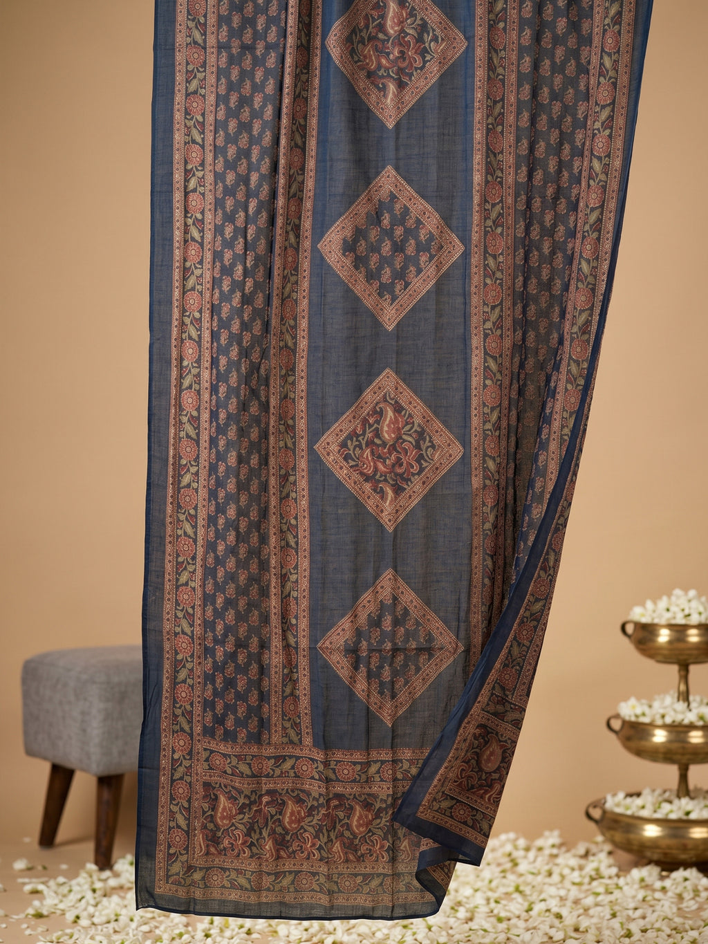 Pure Cotton Navy Blue Kalamkari 3-Piece Kurti Set with Palazzo