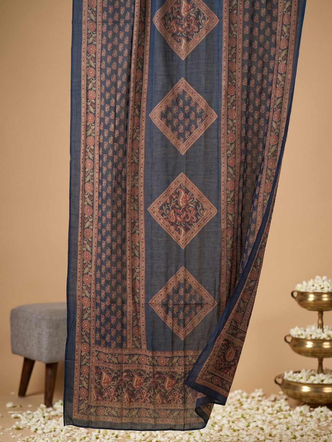 Pure Cotton Navy Blue Kalamkari 3-Piece Kurti Set with Palazzo