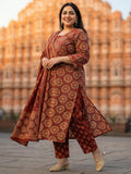 Pure Cotton Rust & Cream Ajrak 3-Piece Kurti Set