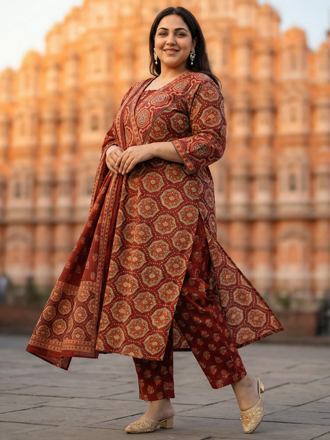 Pure Cotton Rust & Cream Ajrak 3-Piece Kurti Set