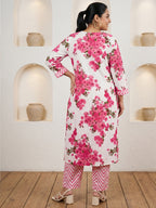 Pure Cotton Pink Floral 3-Piece Kurti Set with Tassels