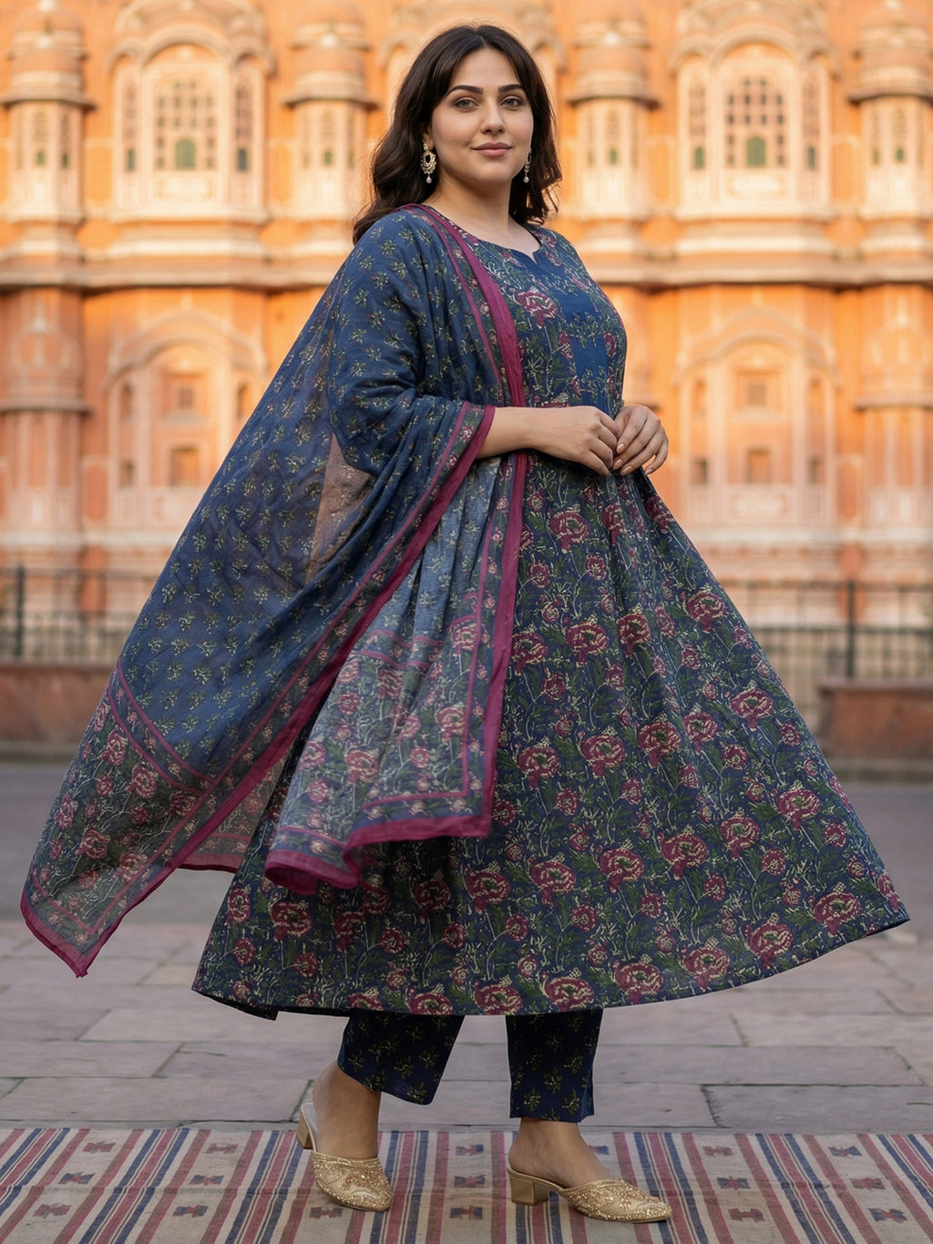 Pure Cotton Kalamkari 3-Piece Kurti Set – Blue, Green & Red