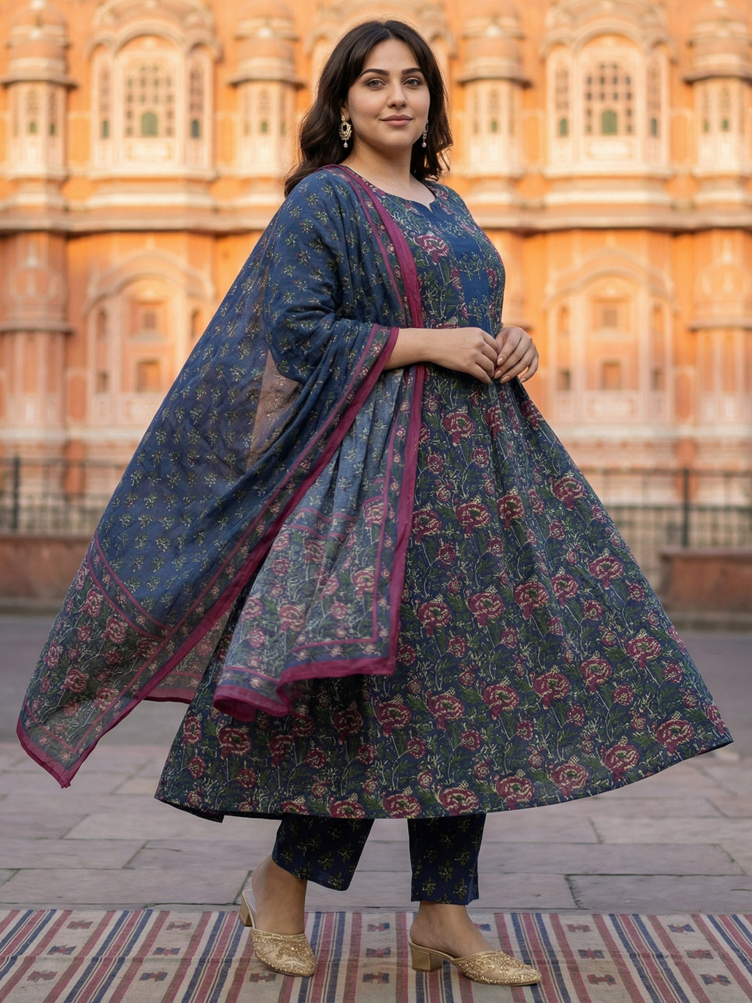 Pure Cotton Kalamkari 3-Piece Kurti Set – Blue, Green & Red
