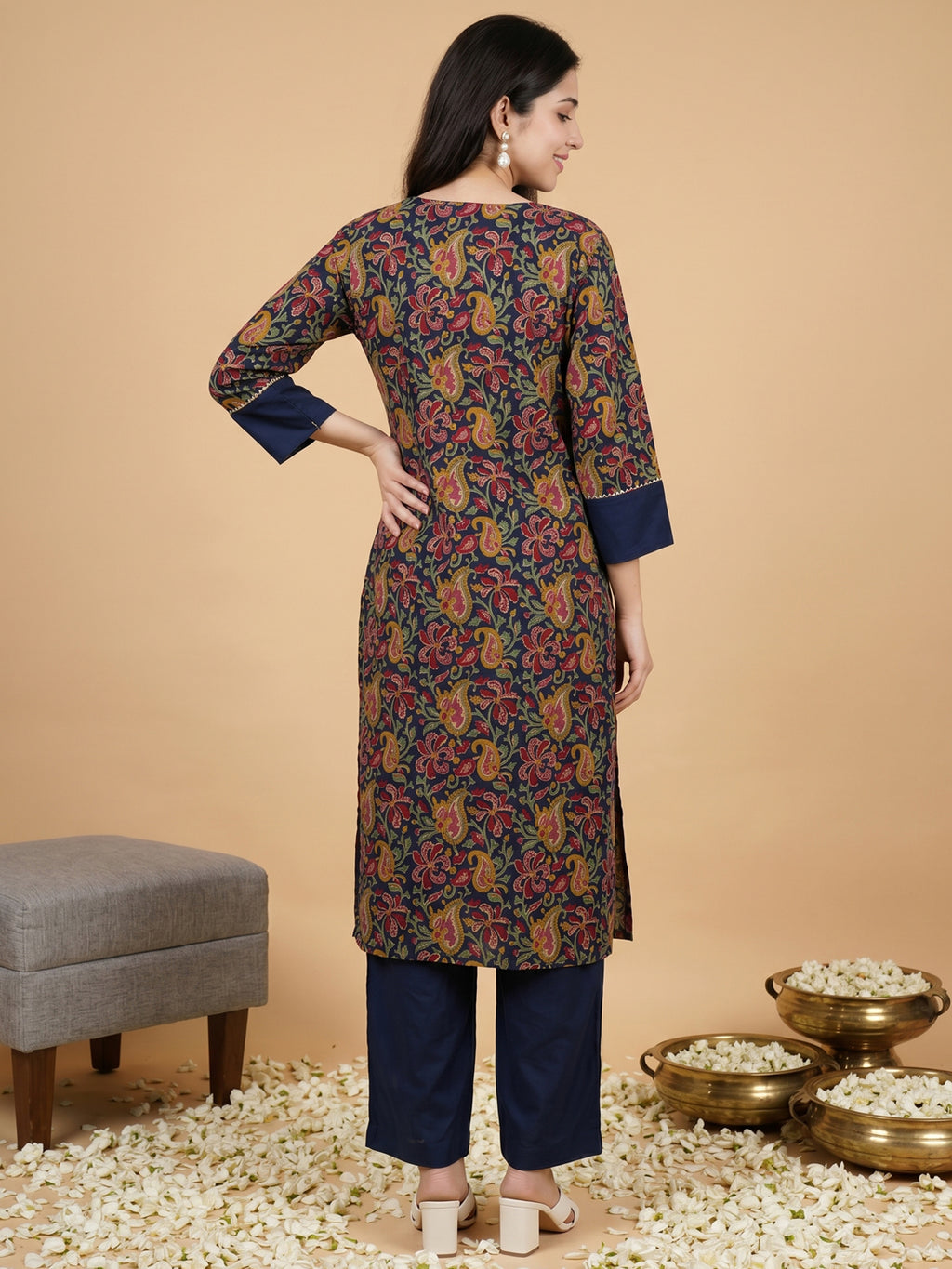 Pure Cotton Navy Blue Kalamkari 3-Piece Kurti Set with Palazzo