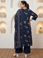 Pure Cotton Navy Blue Floral Vine Kantha-Inspired Print 3-Piece Kurti Set