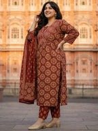 Pure Cotton Rust & Cream Ajrak 3-Piece Kurti Set
