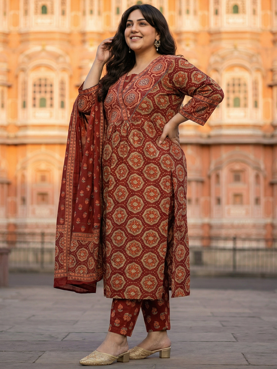 Pure Cotton Rust & Cream Ajrak 3-Piece Kurti Set