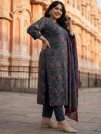 Pure Cotton Kalamkari 3-Piece Kurti Set – Blue, Green & Red