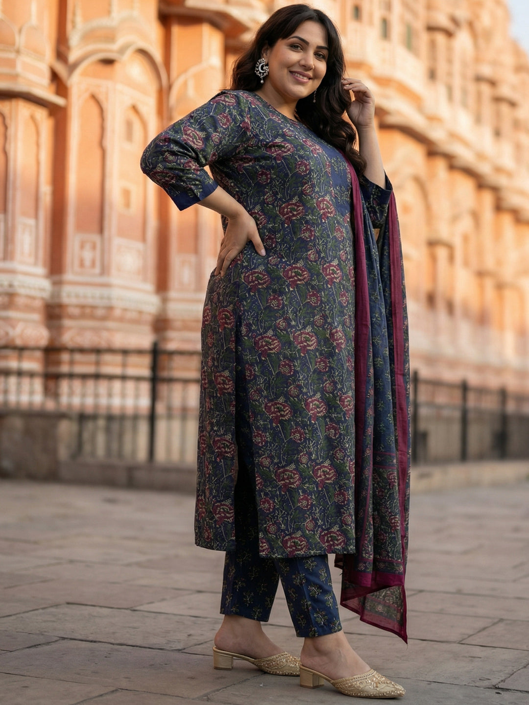 Pure Cotton Kalamkari 3-Piece Kurti Set – Blue, Green & Red