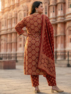 Pure Cotton Rust & Cream Ajrak 3-Piece Kurti Set