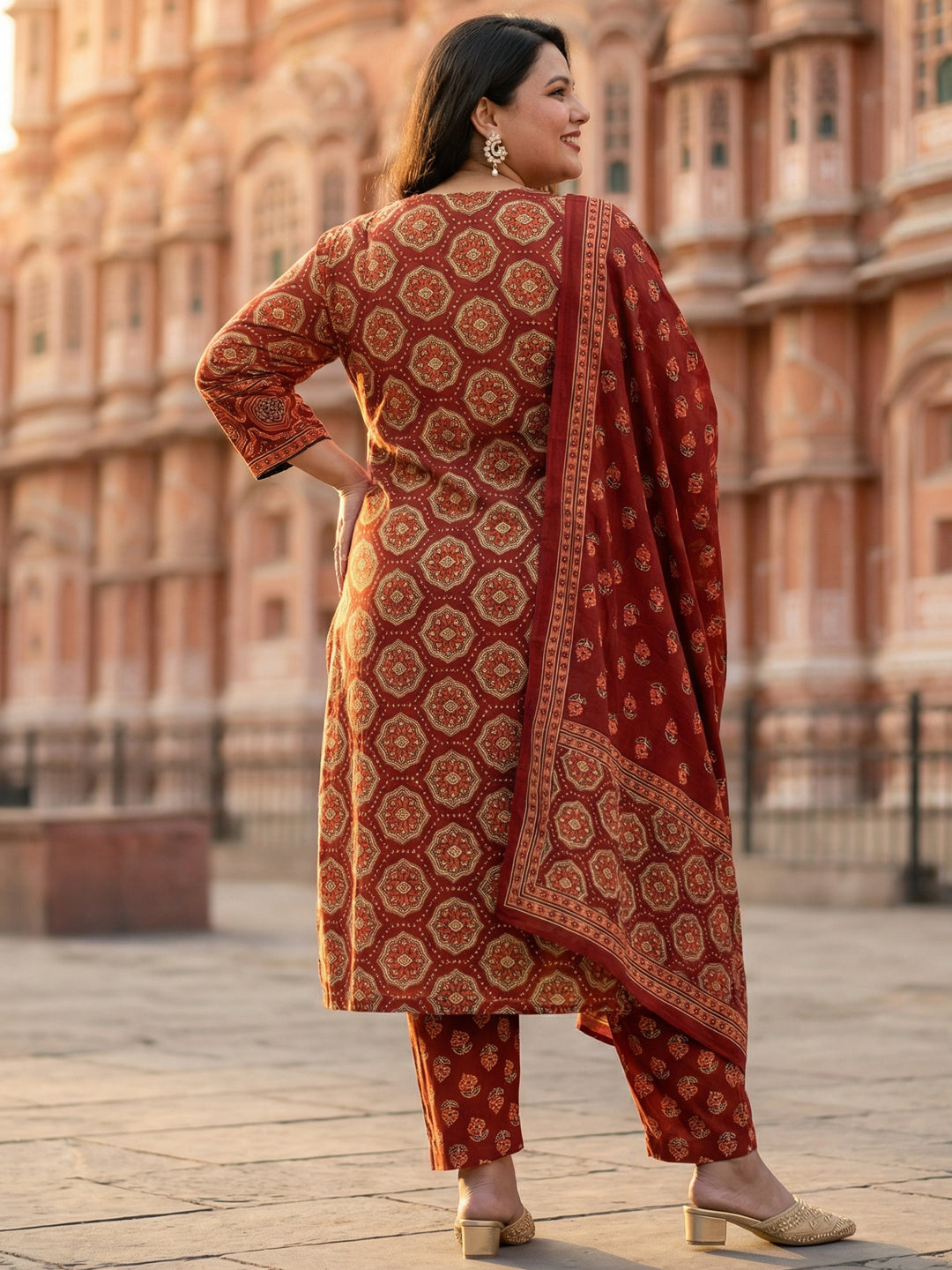 Pure Cotton Rust & Cream Ajrak 3-Piece Kurti Set