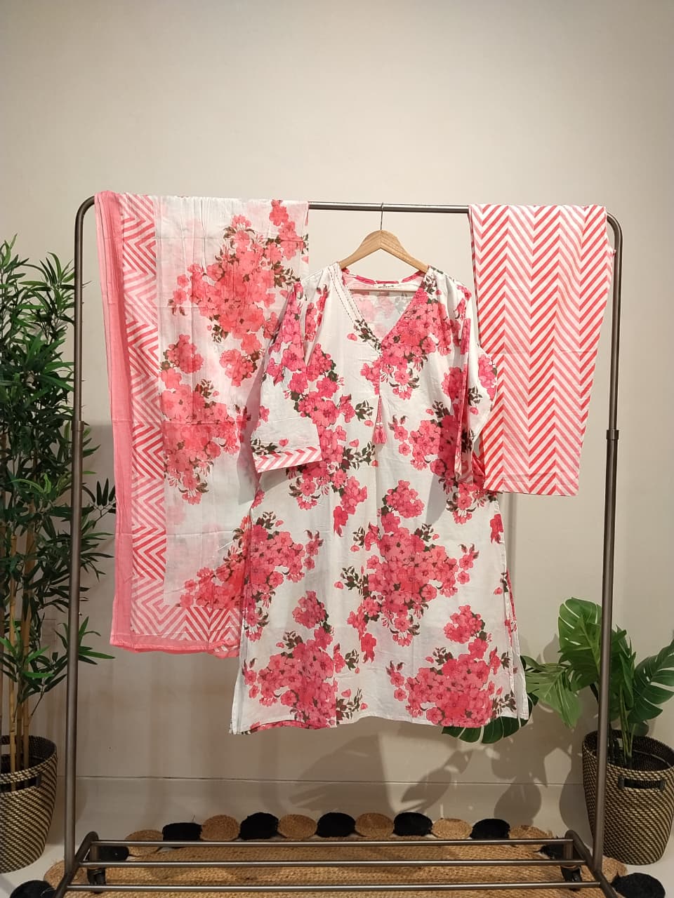Pure Cotton Pink Floral 3-Piece Kurti Set with Tassels