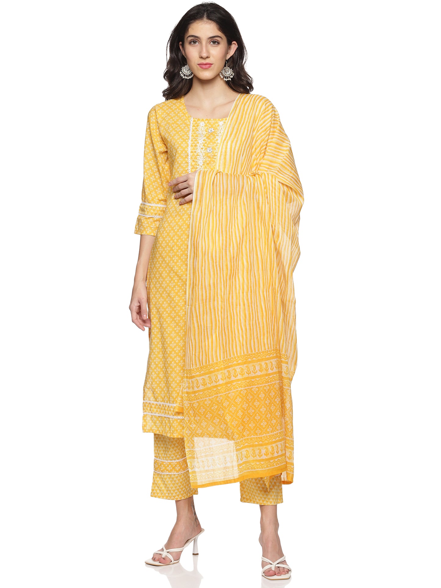 Tuskan Yellow with White Cotton Fabric 