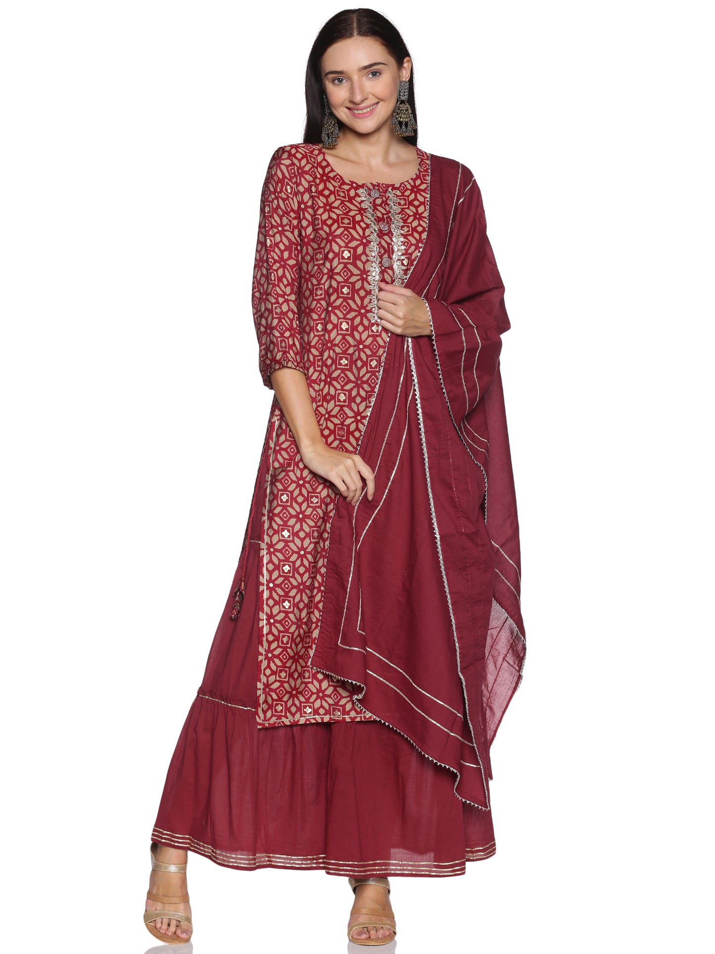 Kurti 3 Piece - Maroon Silk