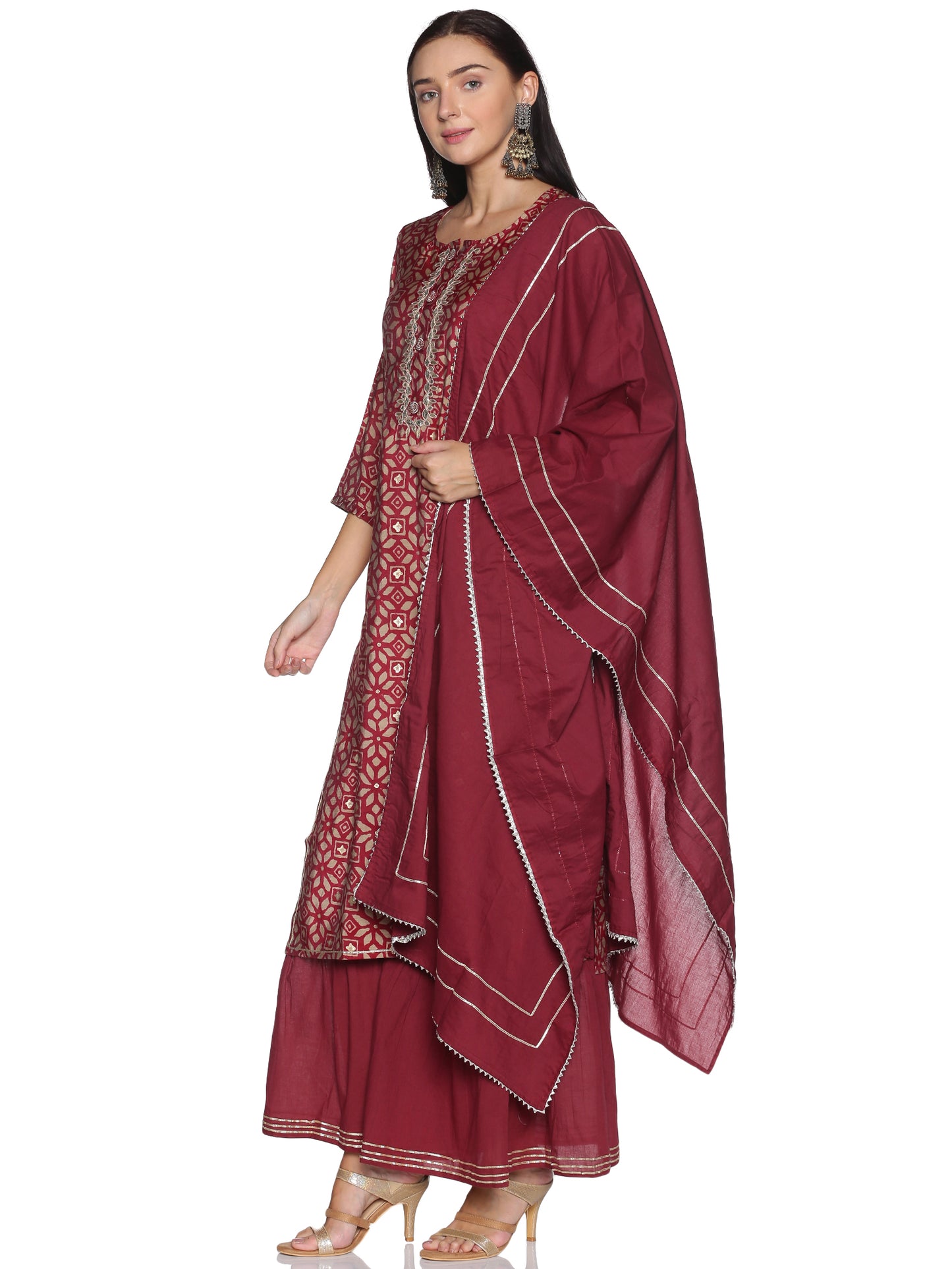 Kurti 3 Piece - Maroon Silk