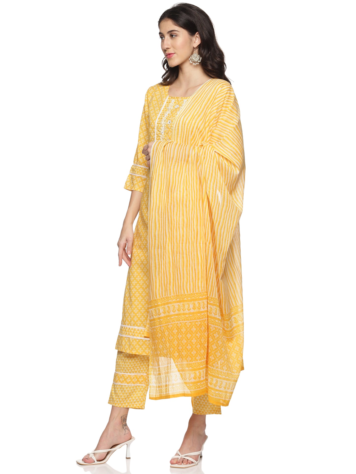 Tuskan Yellow with White Cotton Fabric 