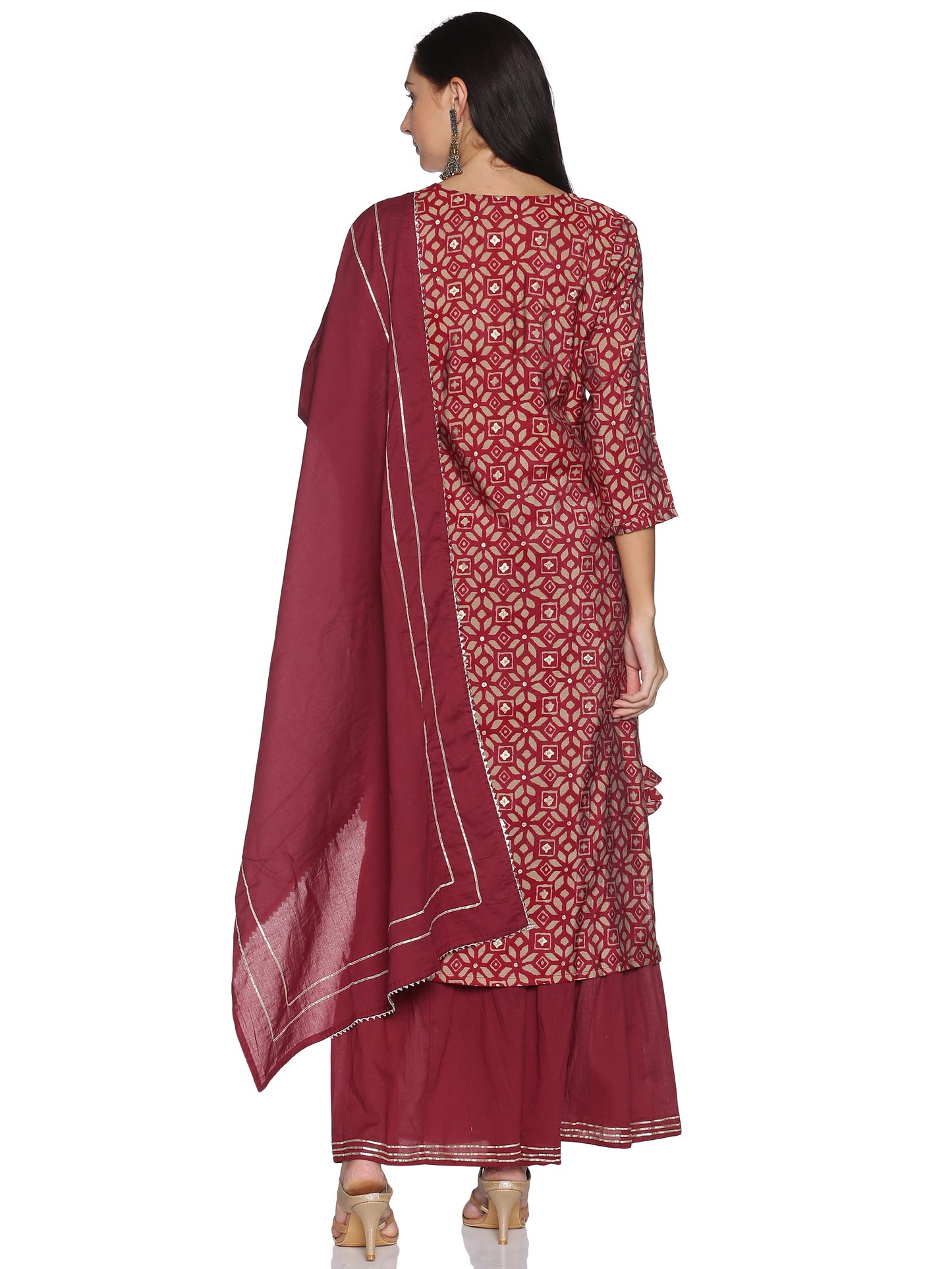 Kurti 3 Piece - Maroon Silk