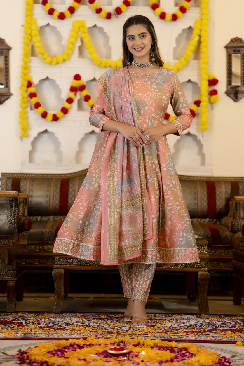 Anarkali Modal Chanderi - Peach & Grey Embroidery work