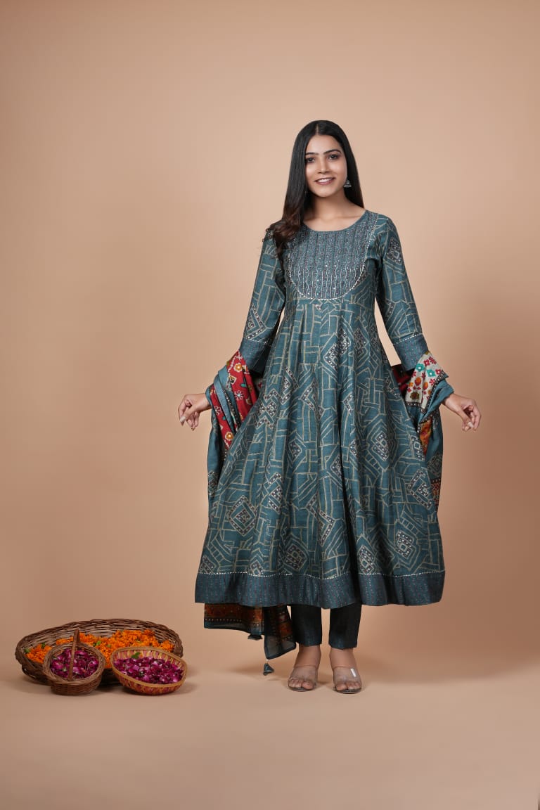 Kurti 3PC Anarkali Muslin - Sea Green