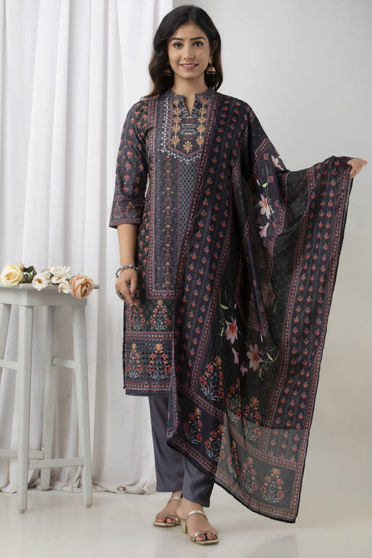 Cotton Shifali Work, Ryon Pant & Muslin Dupatta - Jet Black