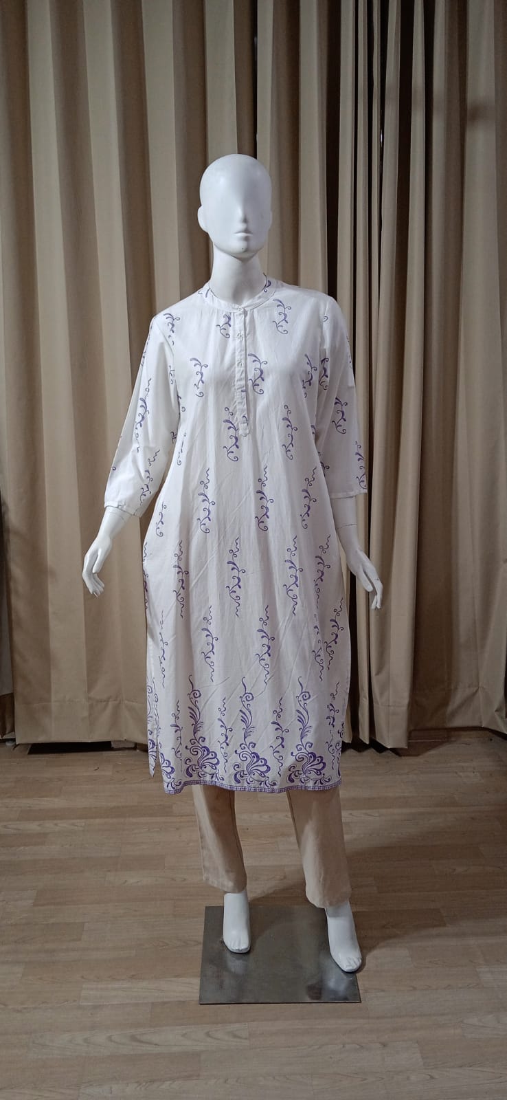 White & Purple - Straight Cotton Kurti