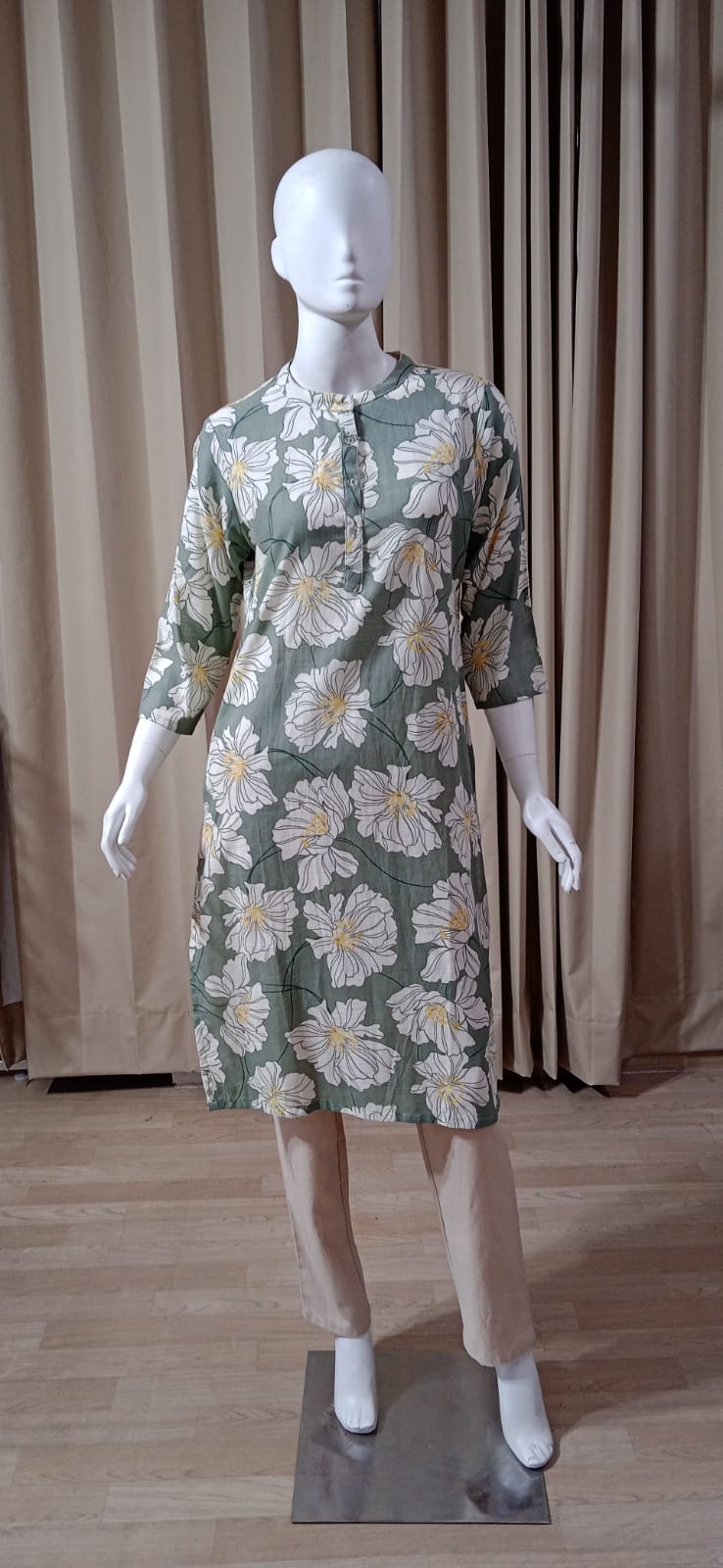 Straight Cotton Kurti - Floral Print-Pista Green