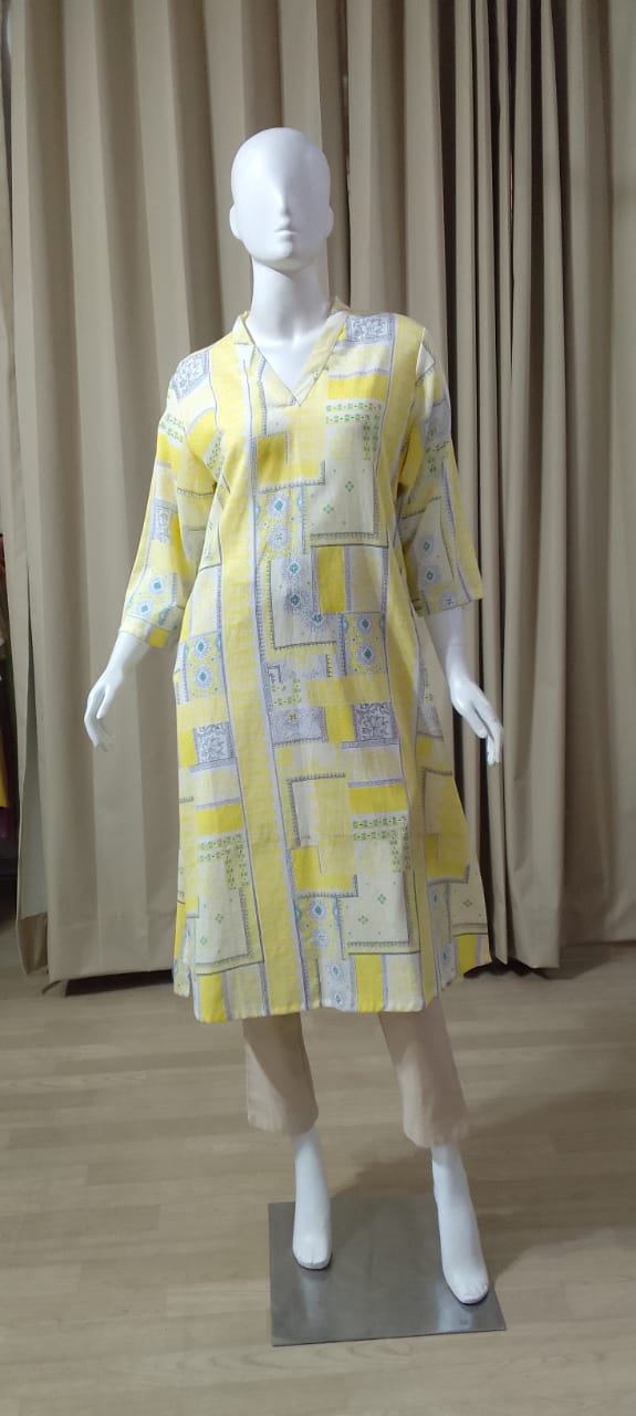 Straight Cotton Kurti -Geometrical Print- V Neck- Yellow colour