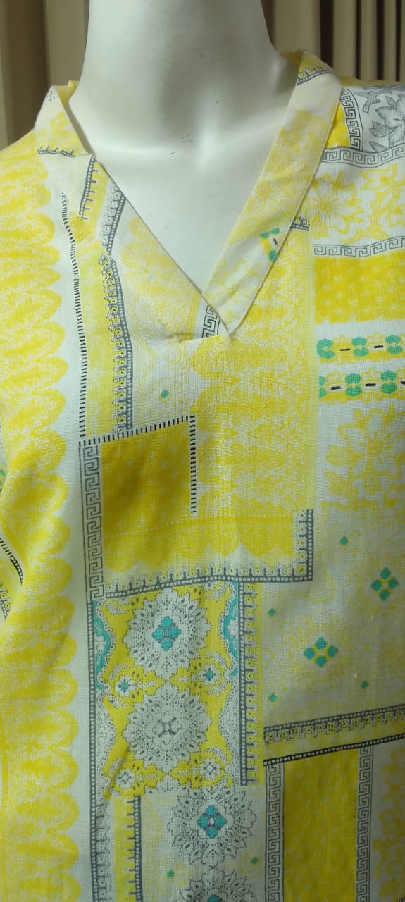 Straight Cotton Kurti -Geometrical Print- V Neck- Yellow colour